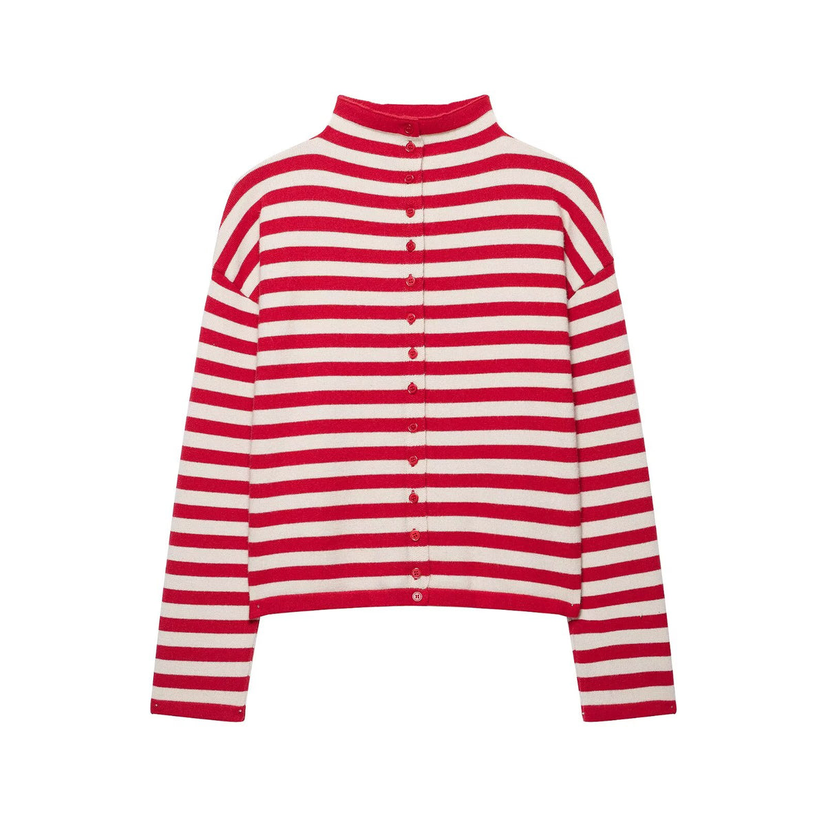 Women's Red Striped Stand-Collar Knit Cardigan
