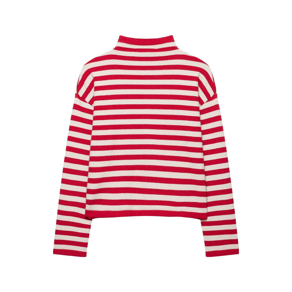 Women's Red Striped Stand-Collar Knit Cardigan