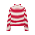 Women's Red Striped Stand-Collar Knit Cardigan