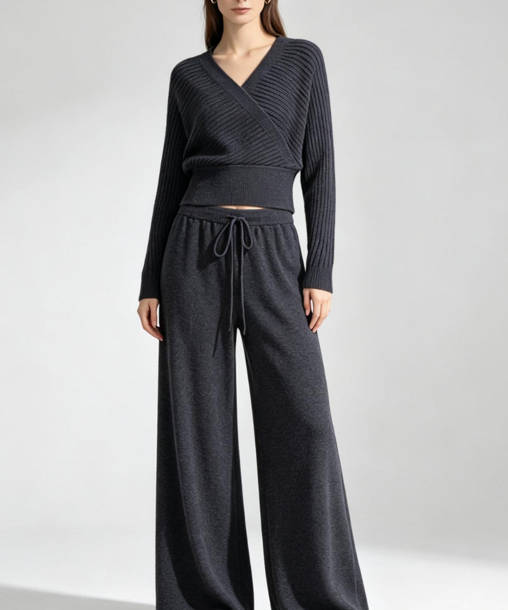 Women's V-Neck Knit Top and Wide-Leg Pants Set