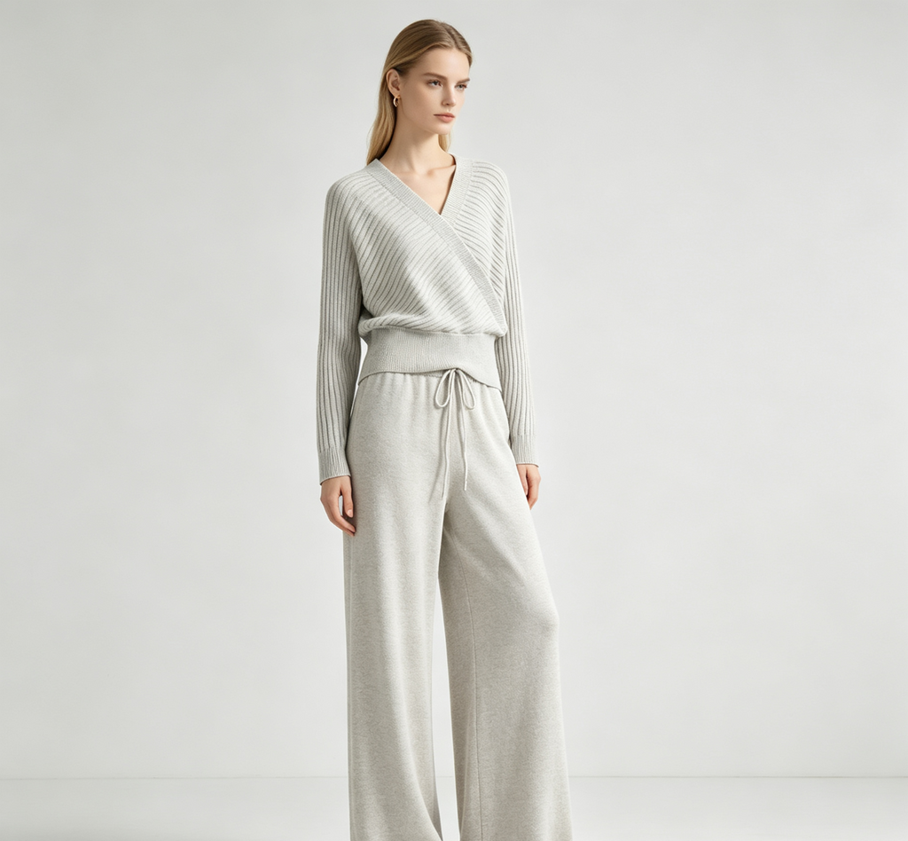 Women's V-Neck Knit Top and Wide-Leg Pants Set
