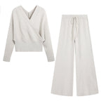 Women's V-Neck Knit Top and Wide-Leg Pants Set