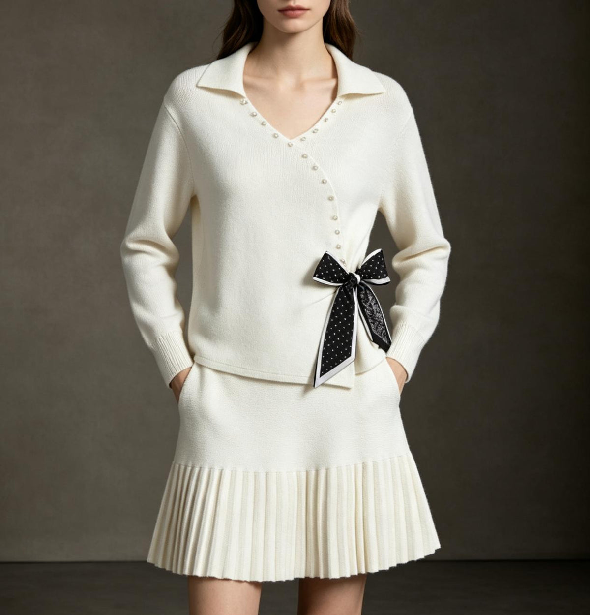 Women's Beaded Bow Sweater and Pleated Skirt Set