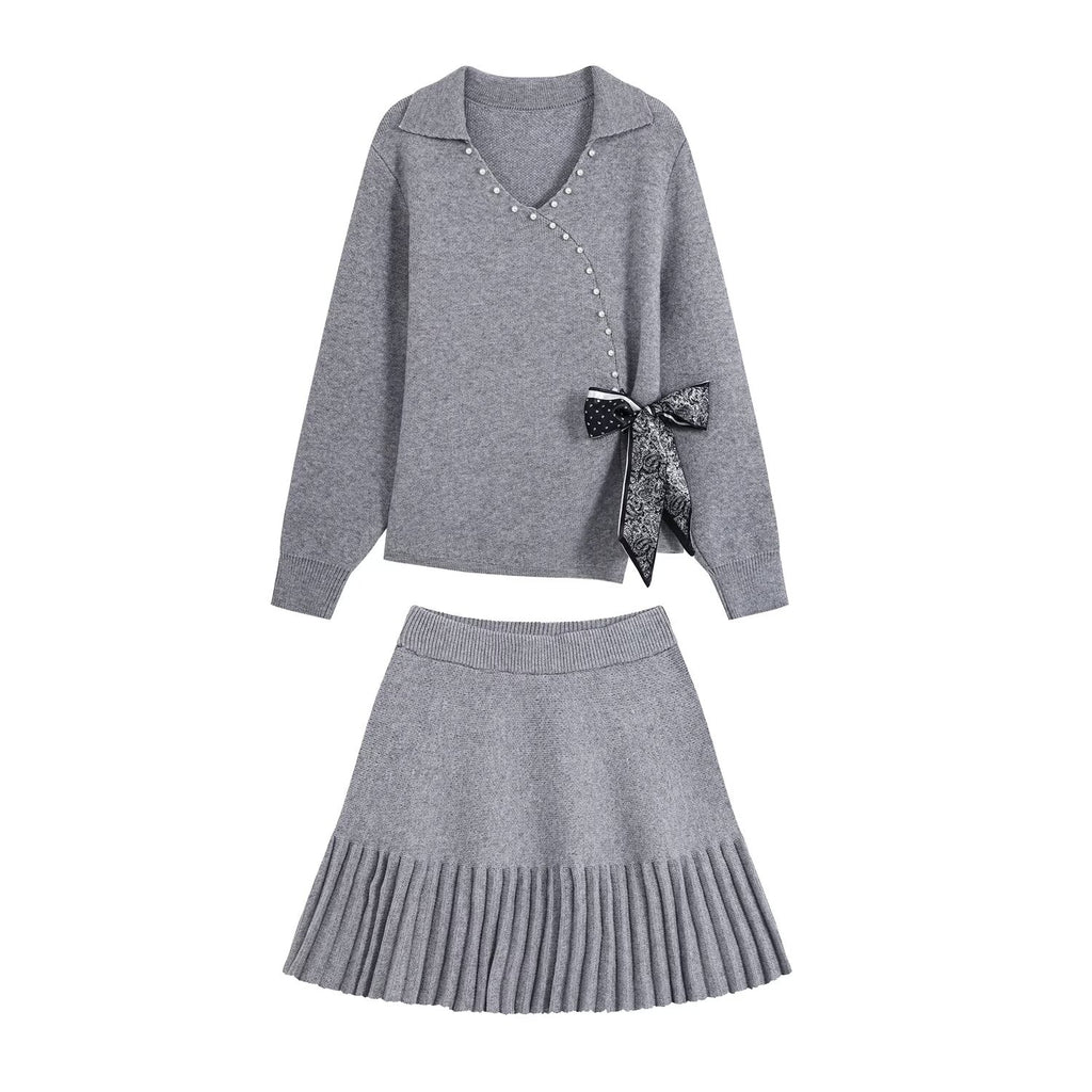 Women's Beaded Bow Sweater and Pleated Skirt Set