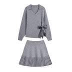 Women's Beaded Bow Sweater and Pleated Skirt Set
