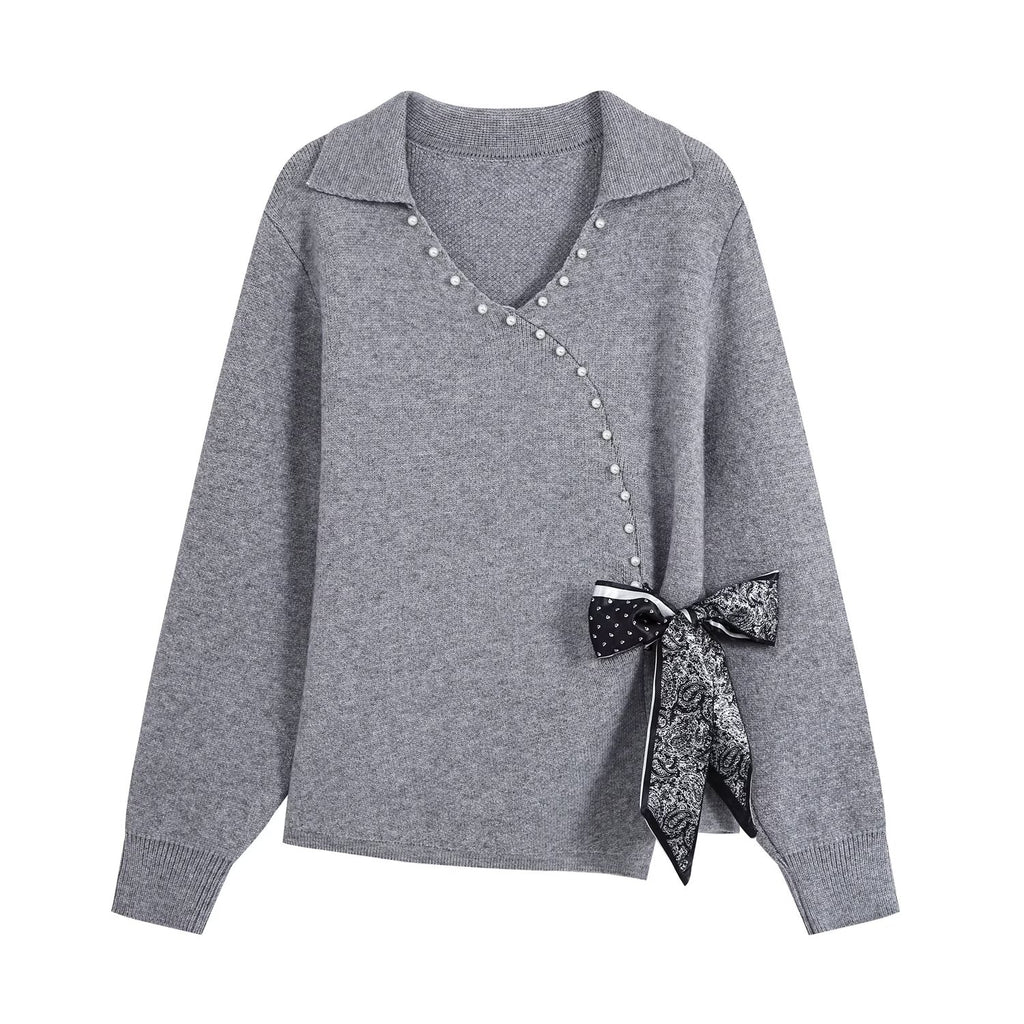 Women's Beaded Bow Sweater and Pleated Skirt Set
