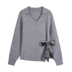 Women's Beaded Bow Sweater and Pleated Skirt Set
