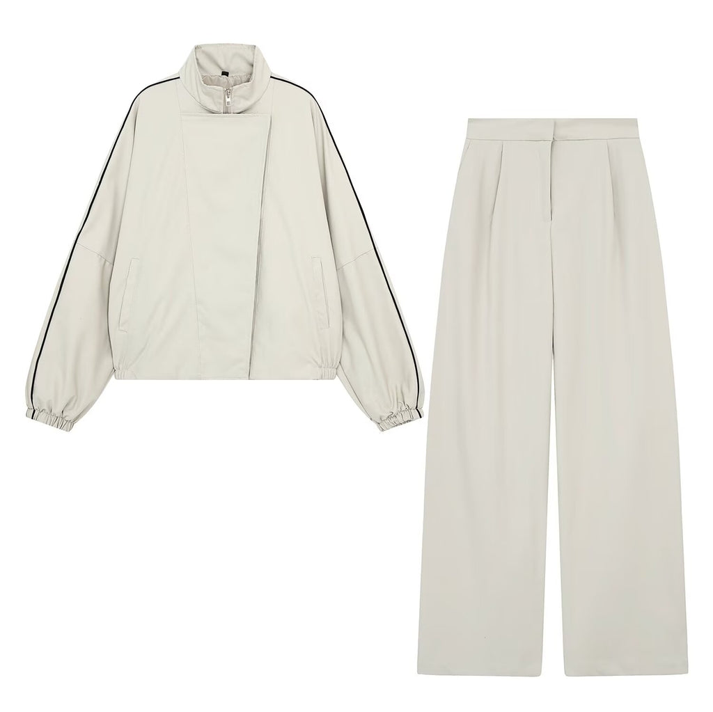 Women's Stand-Collar Zip Jacket & Straight-Leg Pants Set