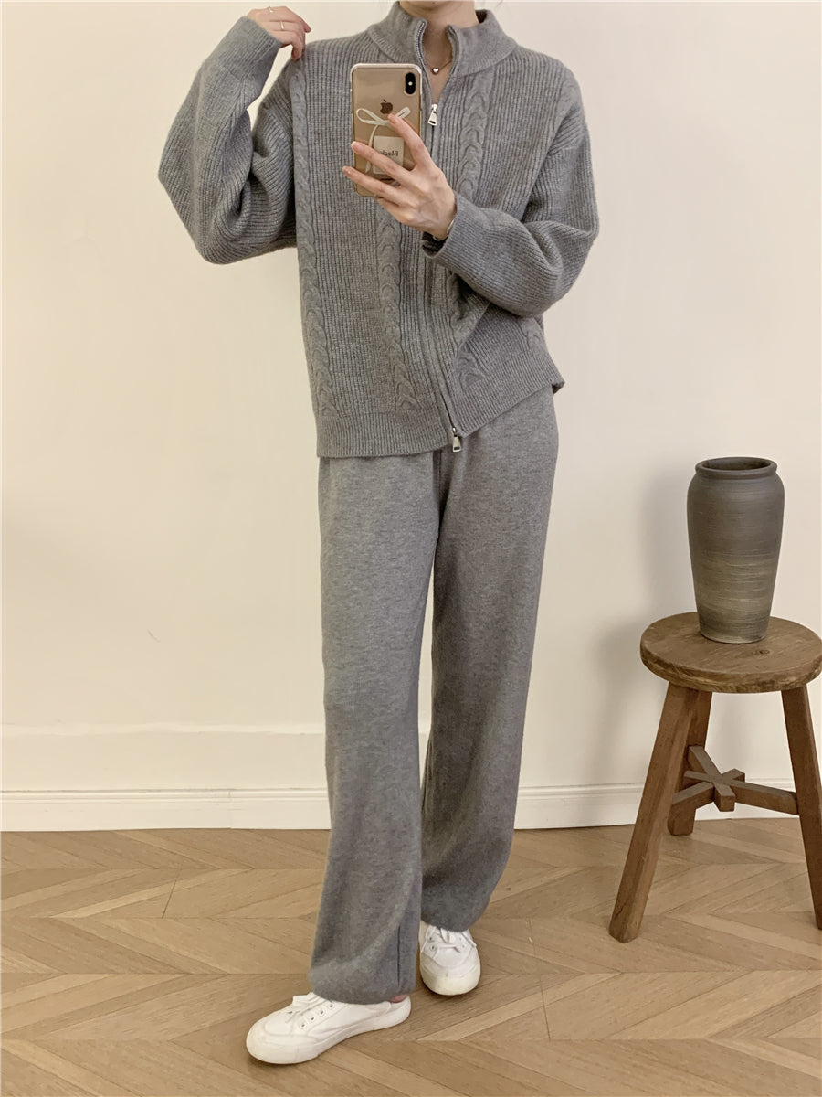 Women's Zipper Cardigan And Wide-Leg Pants Set