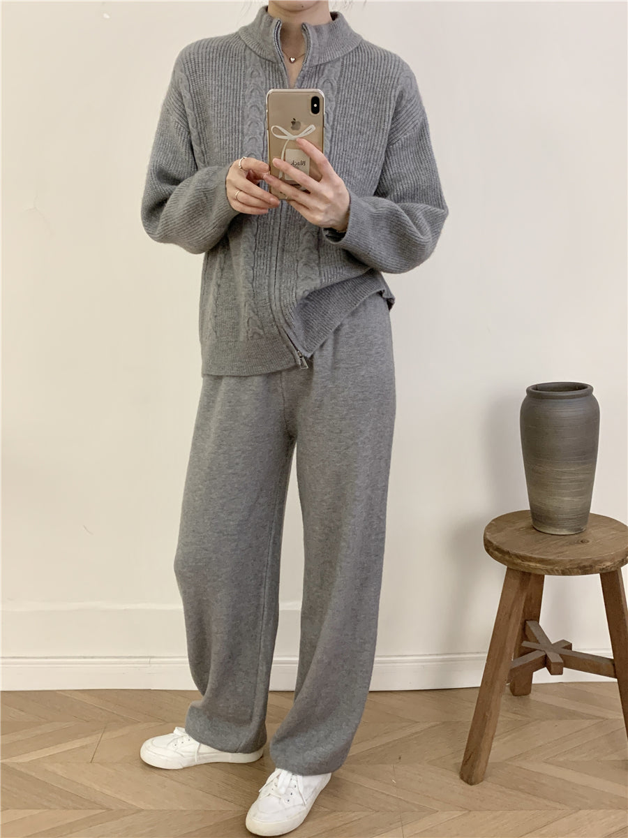 Women's Zipper Cardigan And Wide-Leg Pants Set