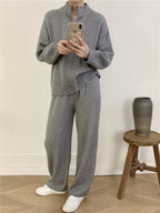 Women's Zipper Cardigan And Wide-Leg Pants Set