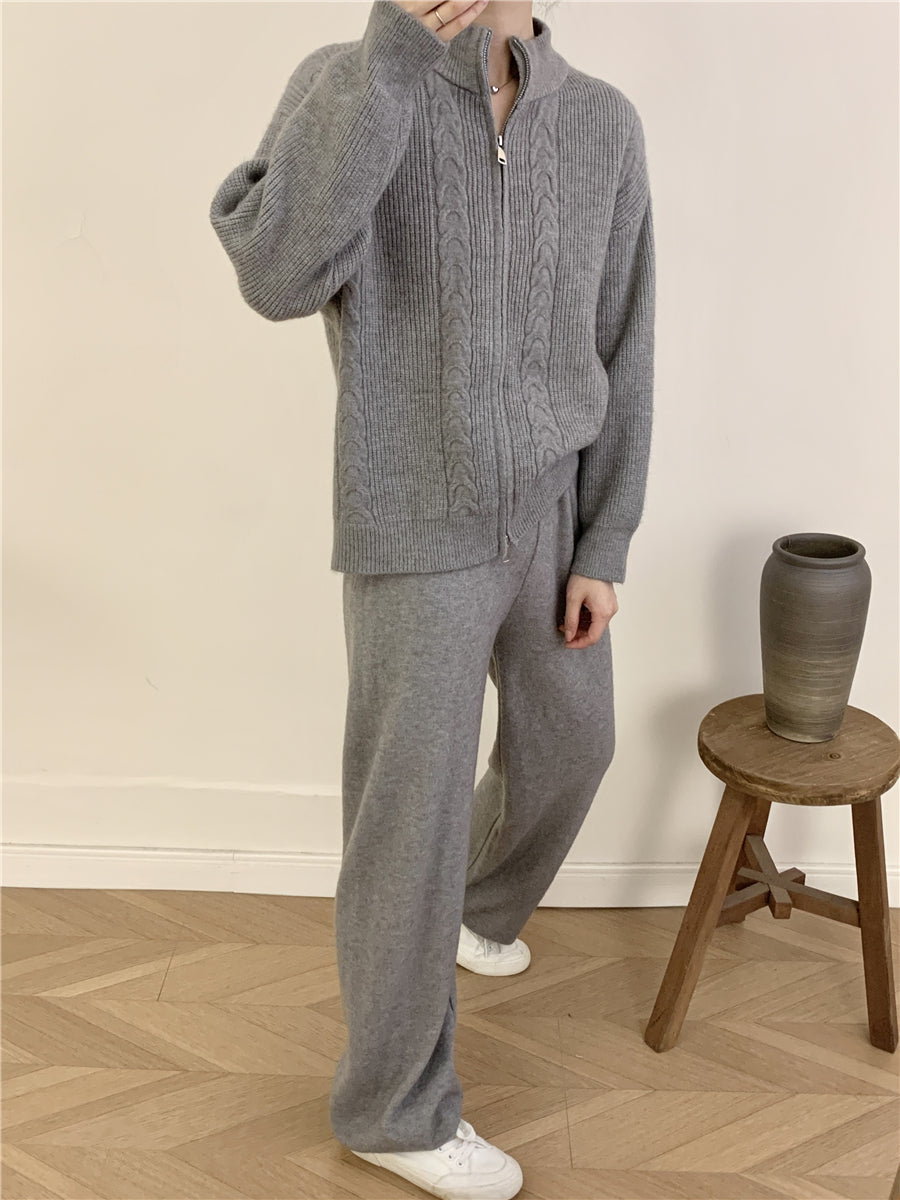 Women's Zipper Cardigan And Wide-Leg Pants Set