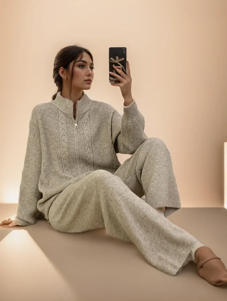 Women's Zipper Cardigan And Wide-Leg Pants Set