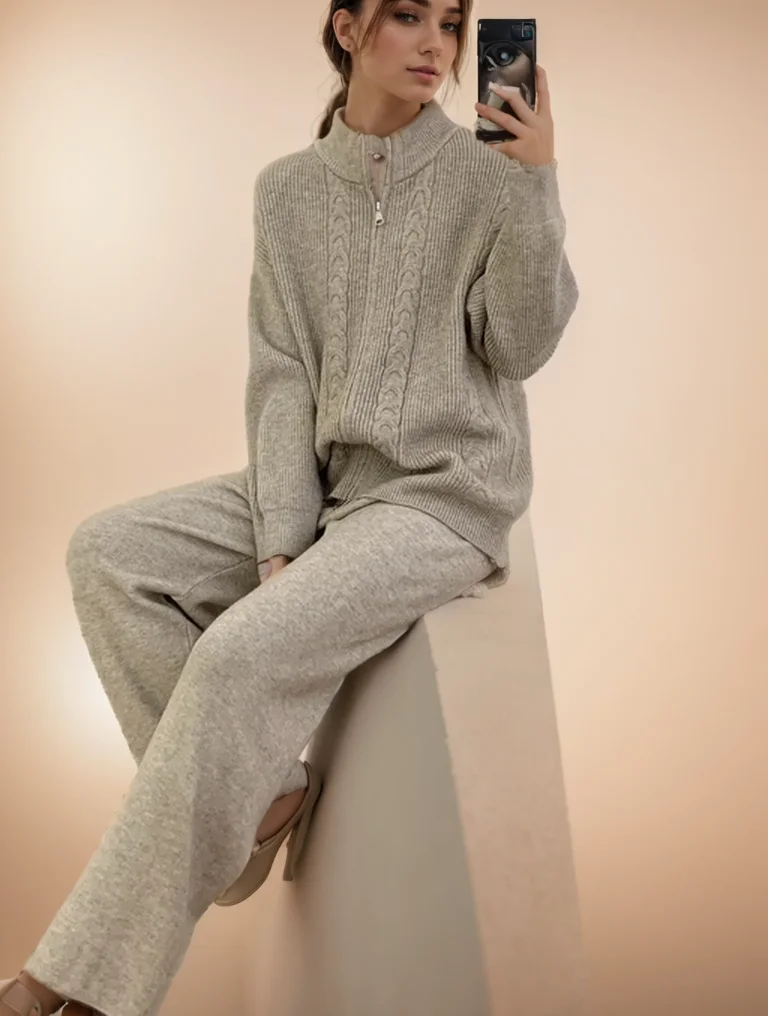 Women's Zipper Cardigan And Wide-Leg Pants Set