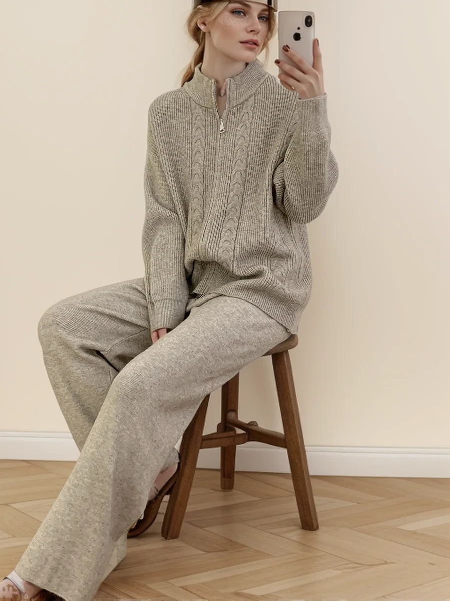 Women's Zipper Cardigan And Wide-Leg Pants Set