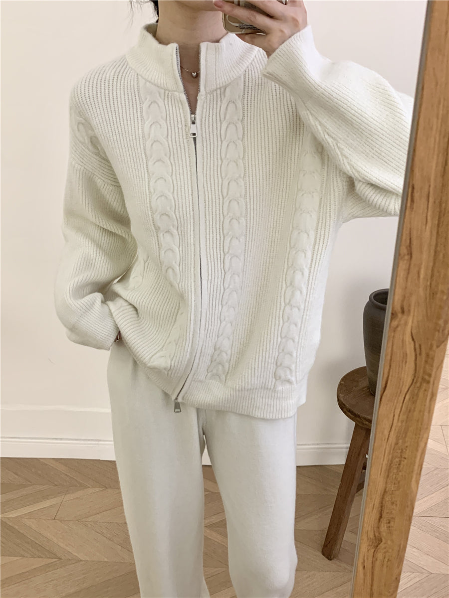 Women's Zipper Cardigan And Wide-Leg Pants Set