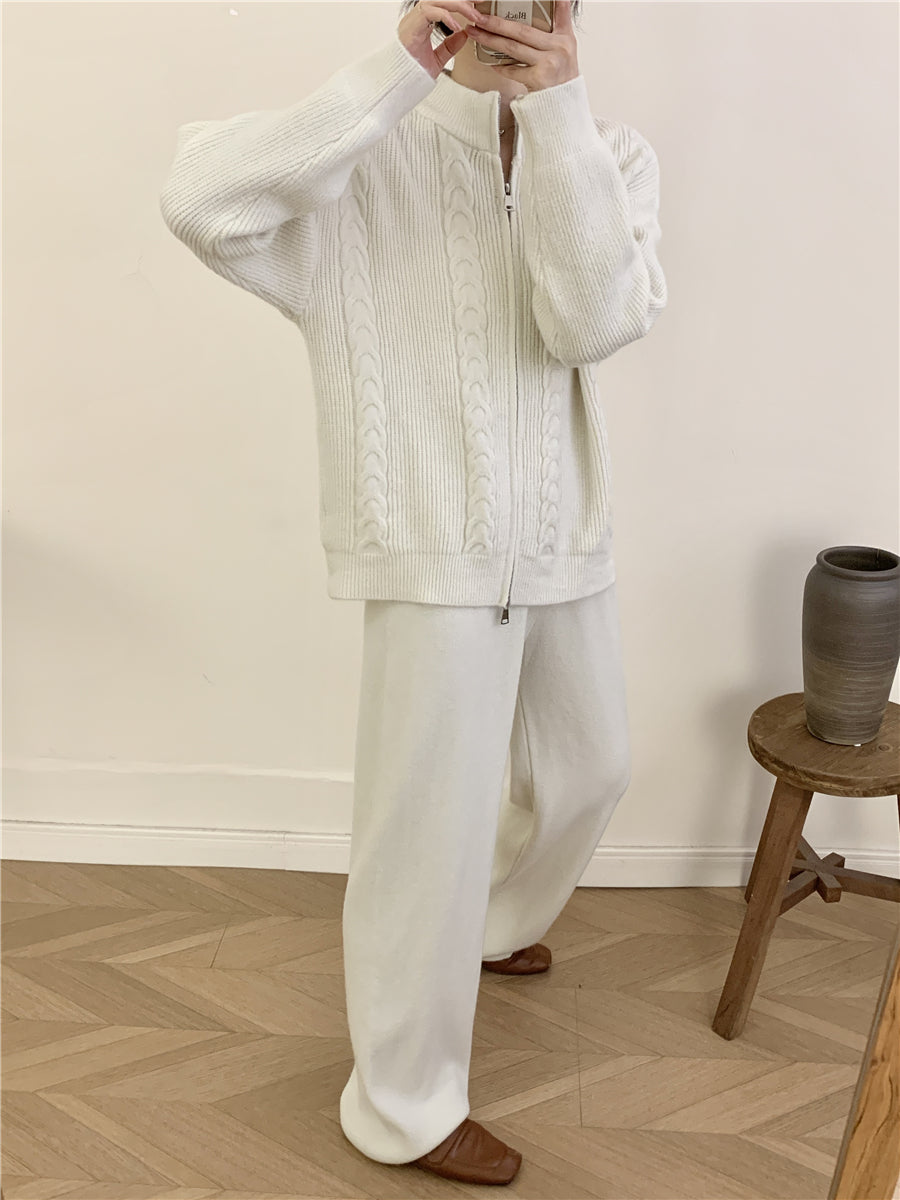 Women's Zipper Cardigan And Wide-Leg Pants Set