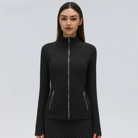 Flocked polka dots in black and gold