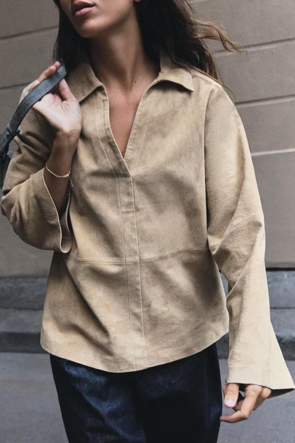 Women's Suede Polo Sweater
