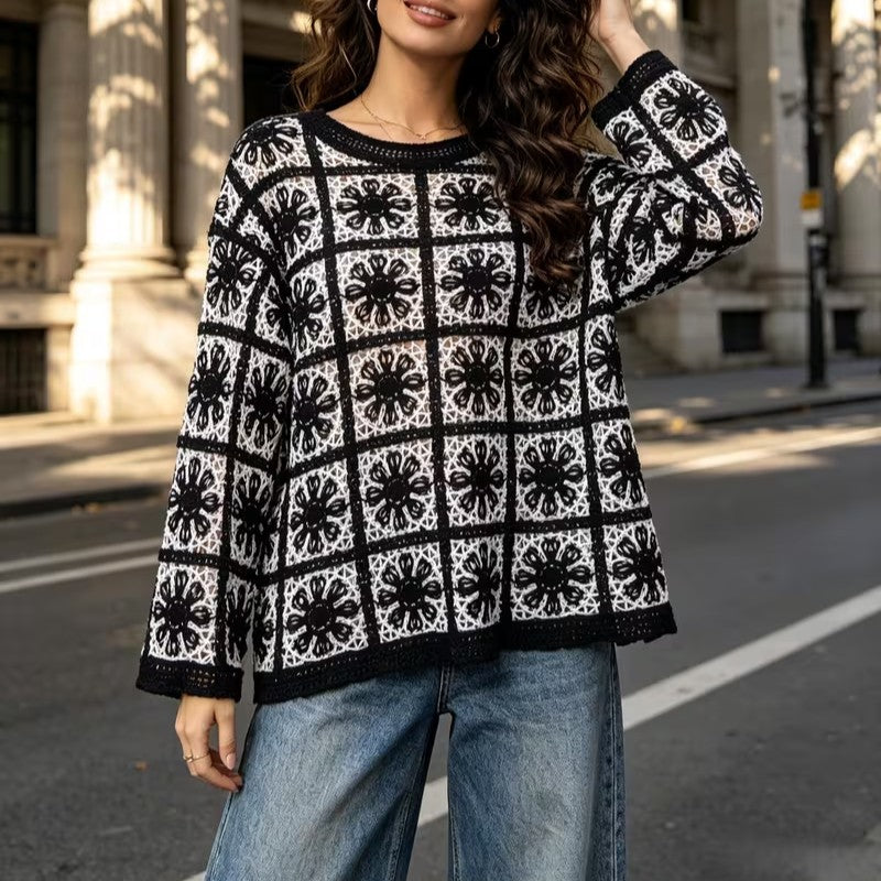 Women's Hook Patterned Autumn Long Sleeved Knitted Sun Protective
