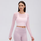 Women's Faux Two Piece Mesh Yoga Long Sleeve With Chest Pad Short Cropped Outfit Fitness Pilates Quick-Drying Exercise T Shirt