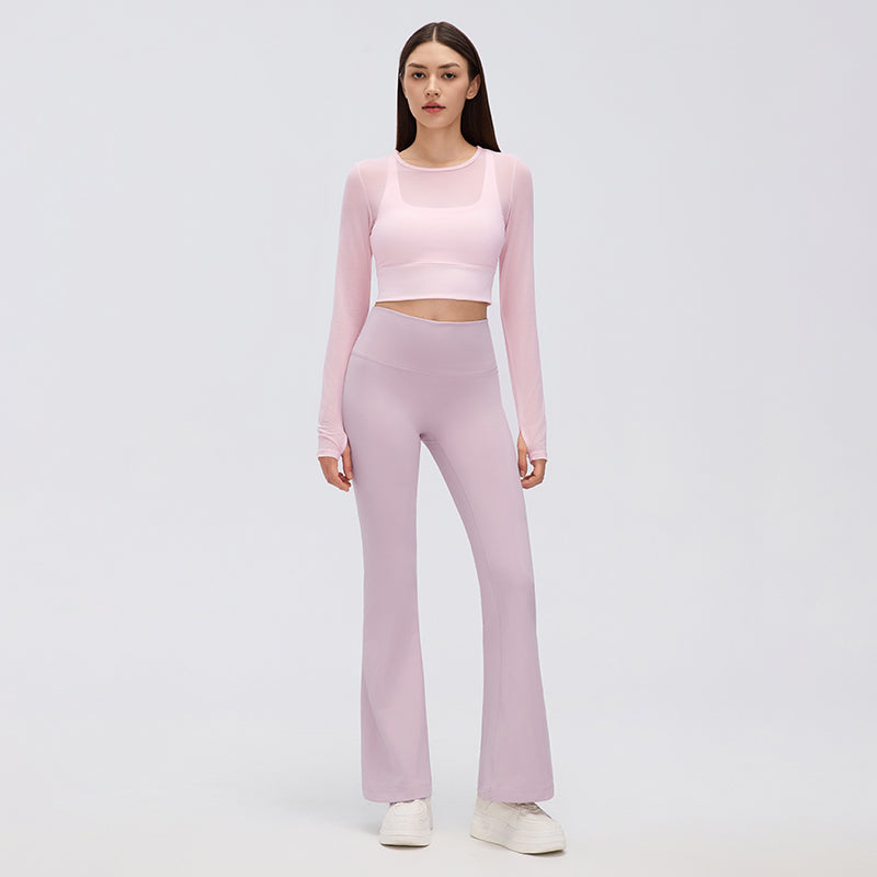 Women's Faux Two Piece Mesh Yoga Long Sleeve With Chest Pad Short Cropped Outfit Fitness Pilates Quick-Drying Exercise T Shirt