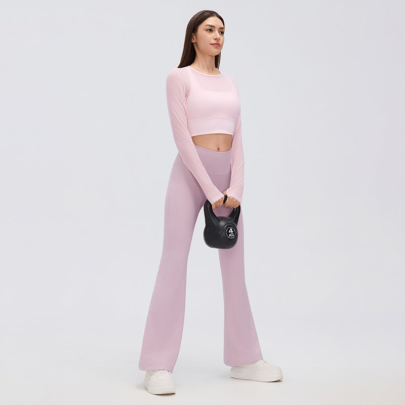 Women's Faux Two Piece Mesh Yoga Long Sleeve With Chest Pad Short Cropped Outfit Fitness Pilates Quick-Drying Exercise T Shirt