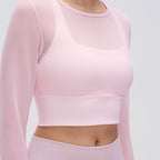 Women's Faux Two Piece Mesh Yoga Long Sleeve With Chest Pad Short Cropped Outfit Fitness Pilates Quick-Drying Exercise T Shirt