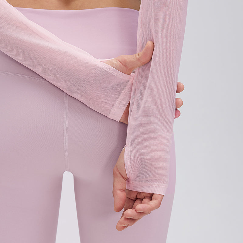 Women's Faux Two Piece Mesh Yoga Long Sleeve With Chest Pad Short Cropped Outfit Fitness Pilates Quick-Drying Exercise T Shirt