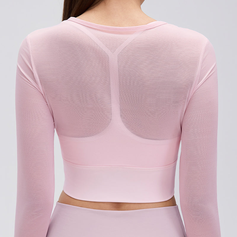 Women's Faux Two Piece Mesh Yoga Long Sleeve With Chest Pad Short Cropped Outfit Fitness Pilates Quick-Drying Exercise T Shirt
