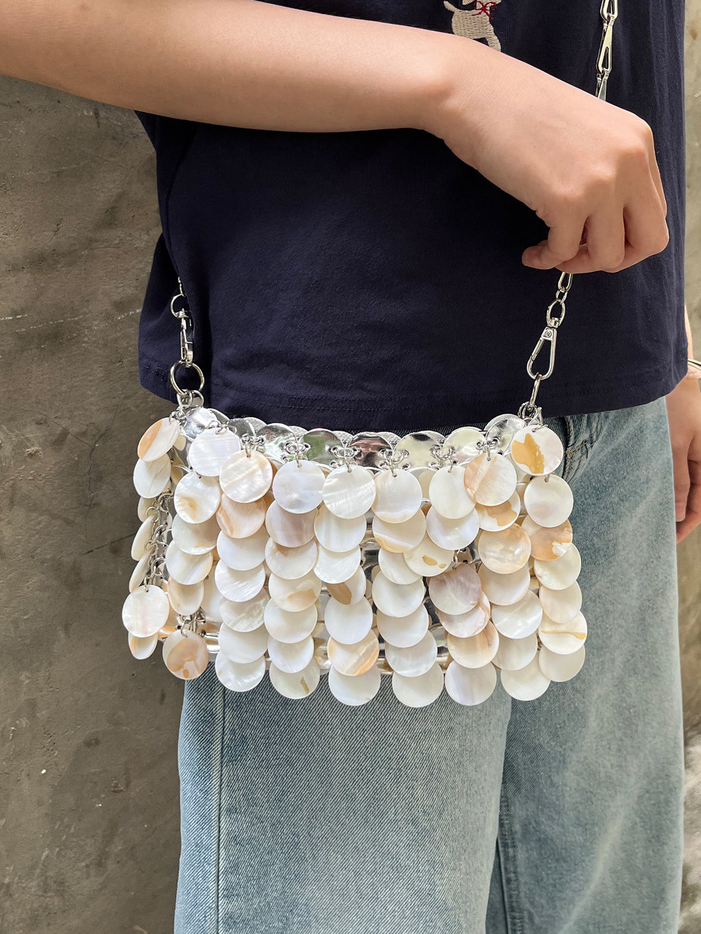 Women's Summer Heavy Industry Shell Patch Handmade Beaded Chain Holiday Shoulder Messenger Bag Natural Fritillary