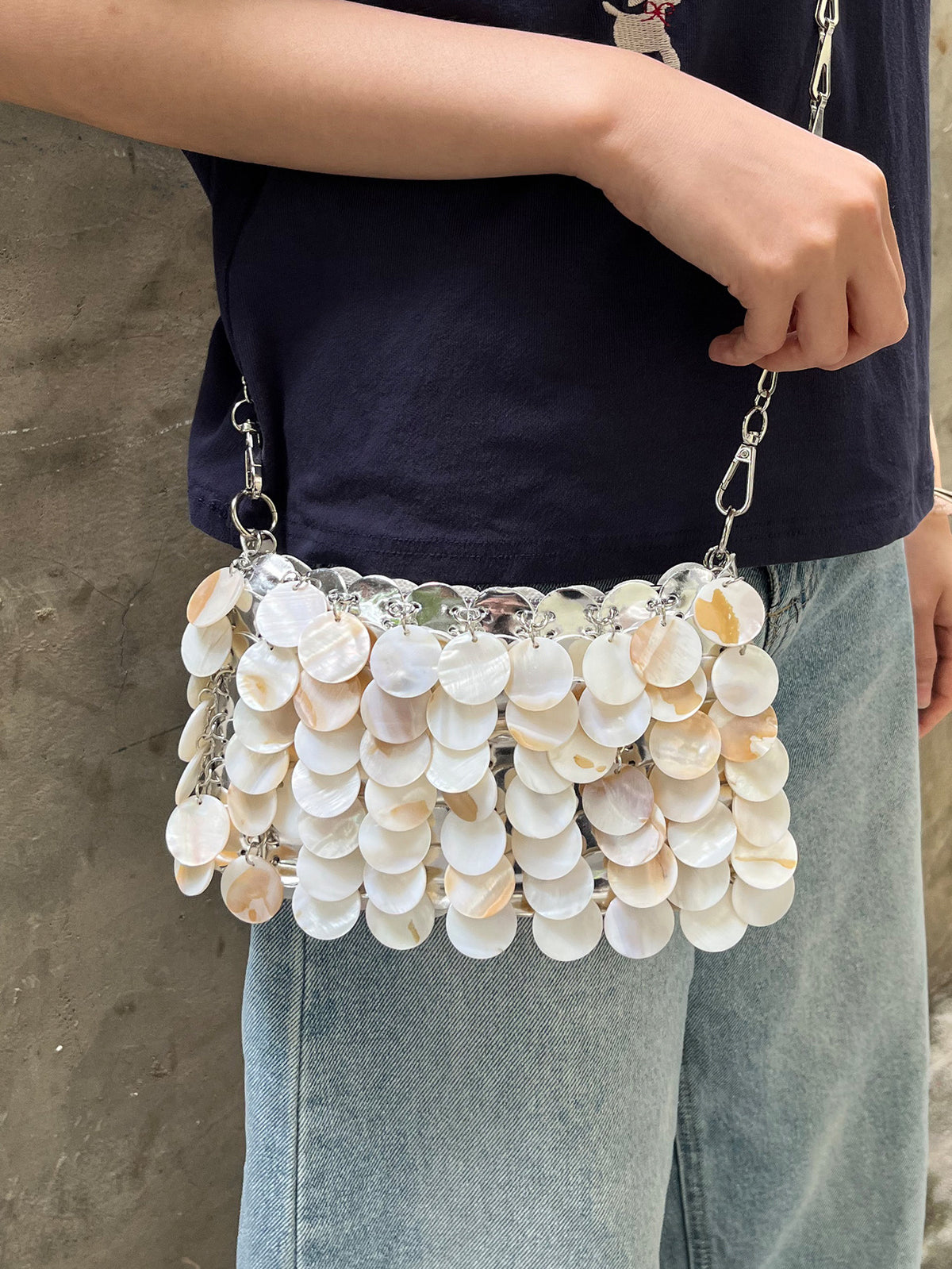Women's Summer Heavy Industry Shell Patch Handmade Beaded Chain Holiday Shoulder Messenger Bag Natural Fritillary