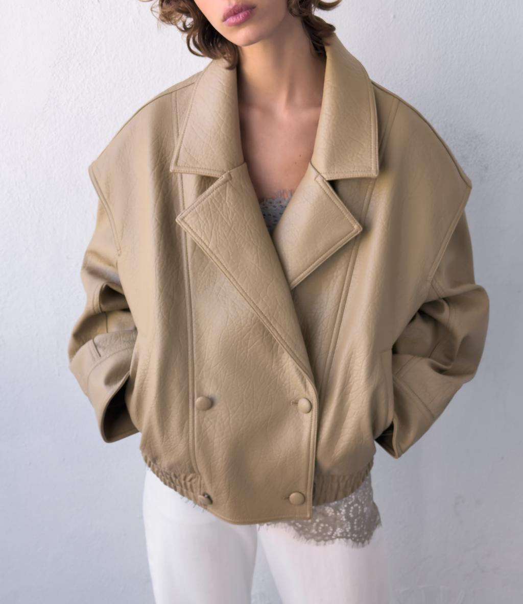 Women's Women Clothing Autumn Khaki Large Collared Double Breasted Cropped Leather Coat