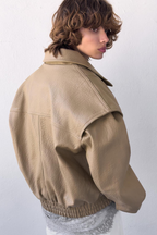 Women's Women Clothing Autumn Khaki Large Collared Double Breasted Cropped Leather Coat