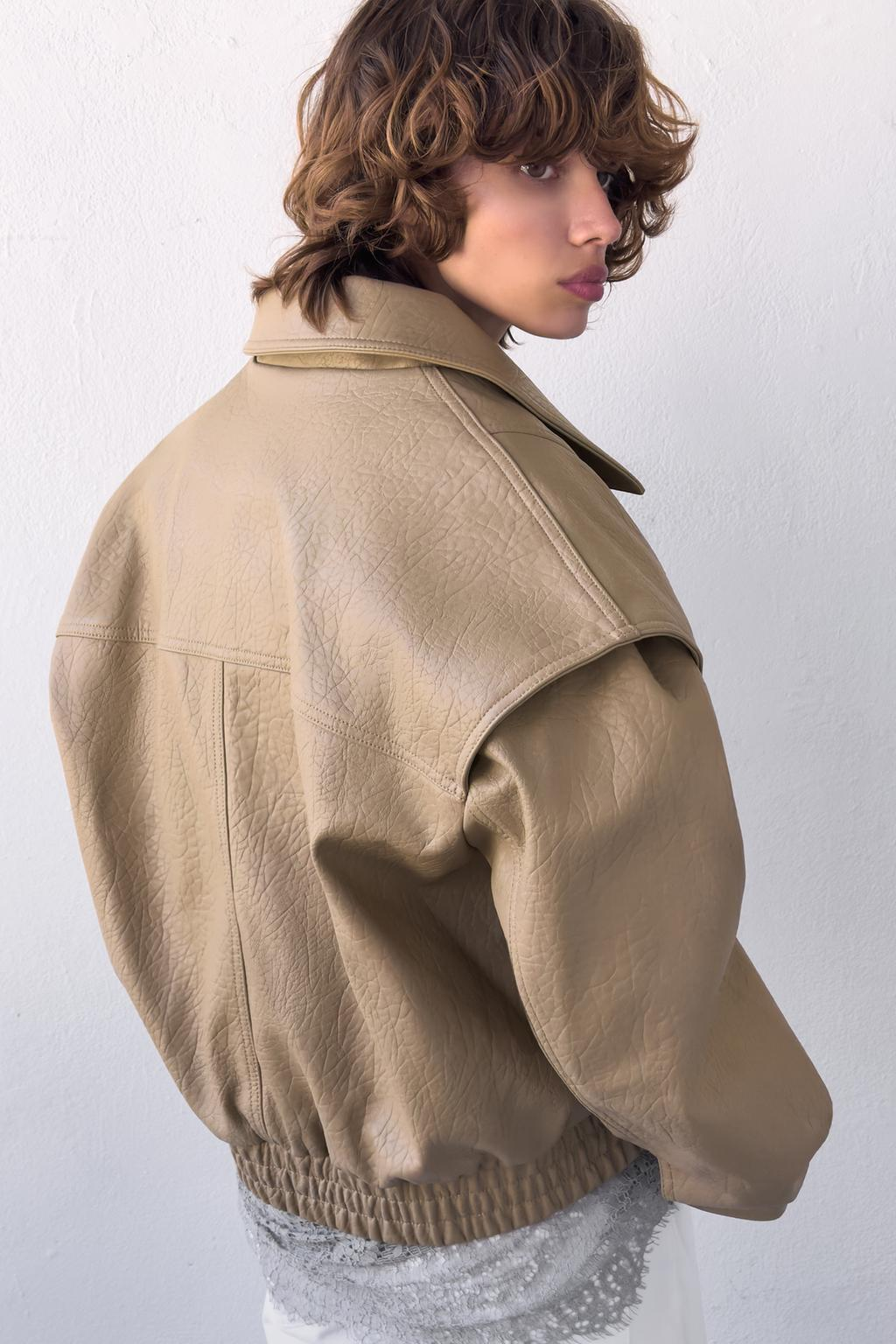 Women's Women Clothing Autumn Khaki Large Collared Double Breasted Cropped Leather Coat