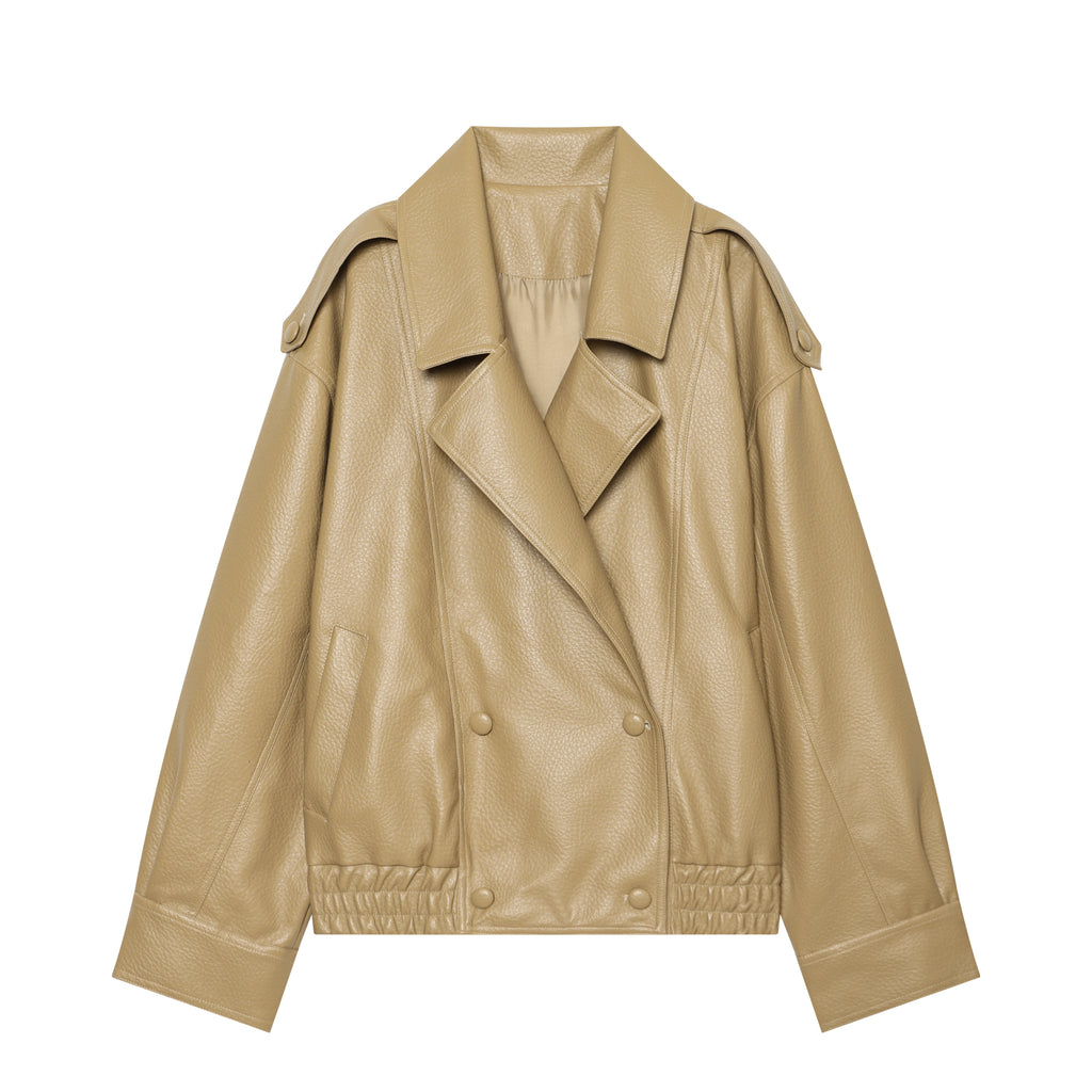 Women's Women Clothing Autumn Khaki Large Collared Double Breasted Cropped Leather Coat