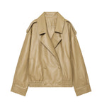 Women's Women Clothing Autumn Khaki Large Collared Double Breasted Cropped Leather Coat