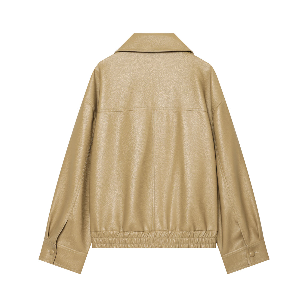 Women's Women Clothing Autumn Khaki Large Collared Double Breasted Cropped Leather Coat