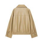 Women's Women Clothing Autumn Khaki Large Collared Double Breasted Cropped Leather Coat