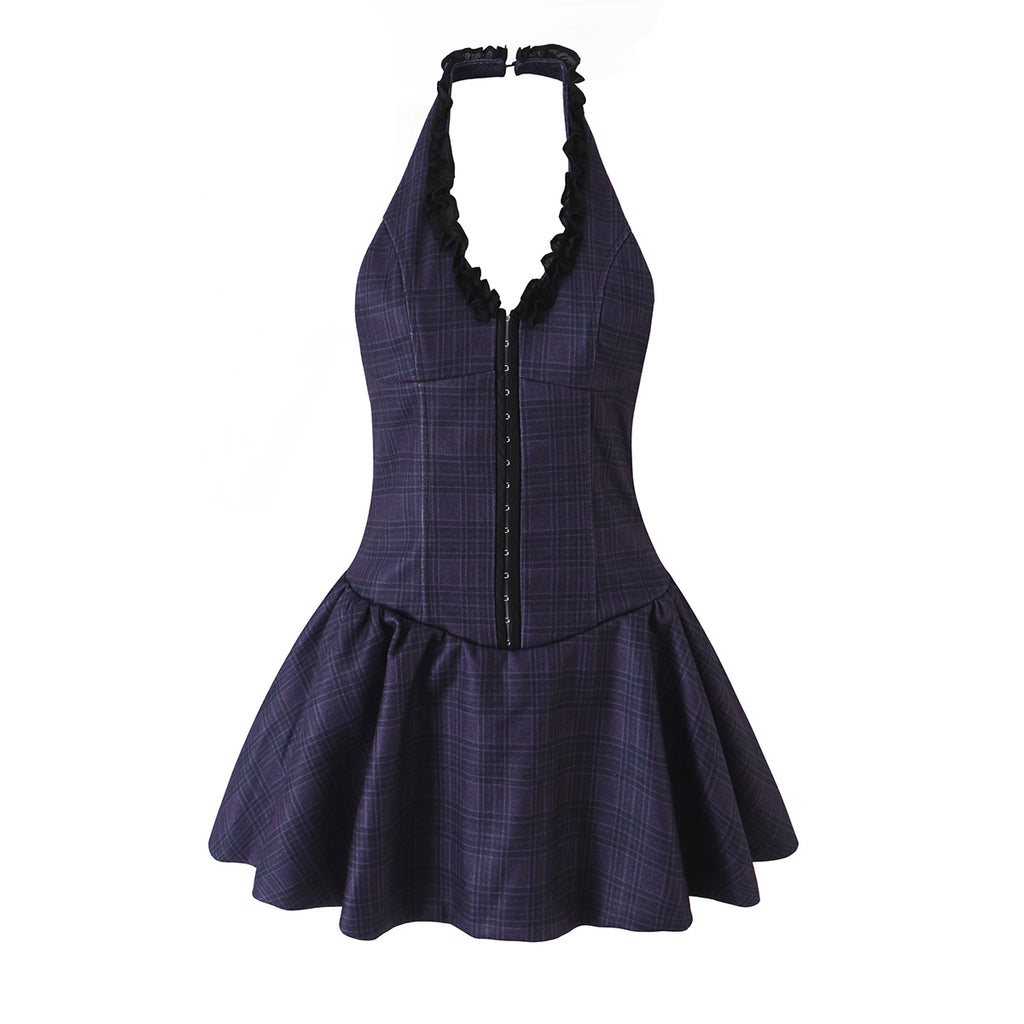 Women's Women Plaid Laminated Decoration Short Dress Women