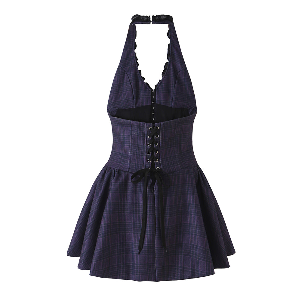 Women's Women Plaid Laminated Decoration Short Dress Women