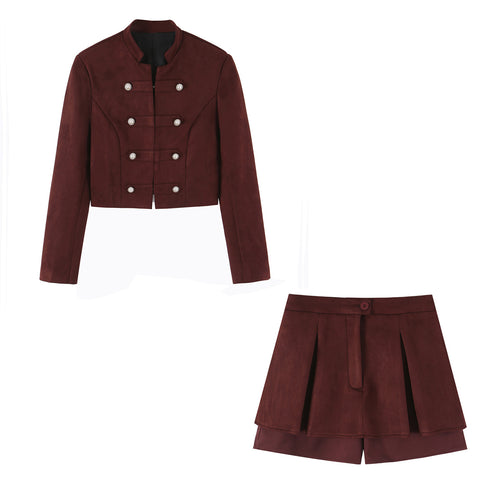 Women's Double Breasted Suede Culotte Suit