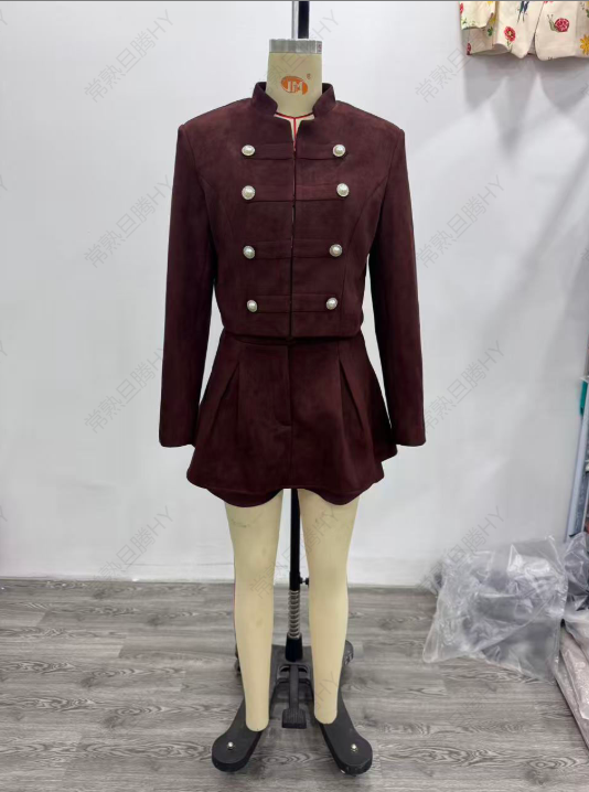 Women's Double Breasted Suede Culotte Suit