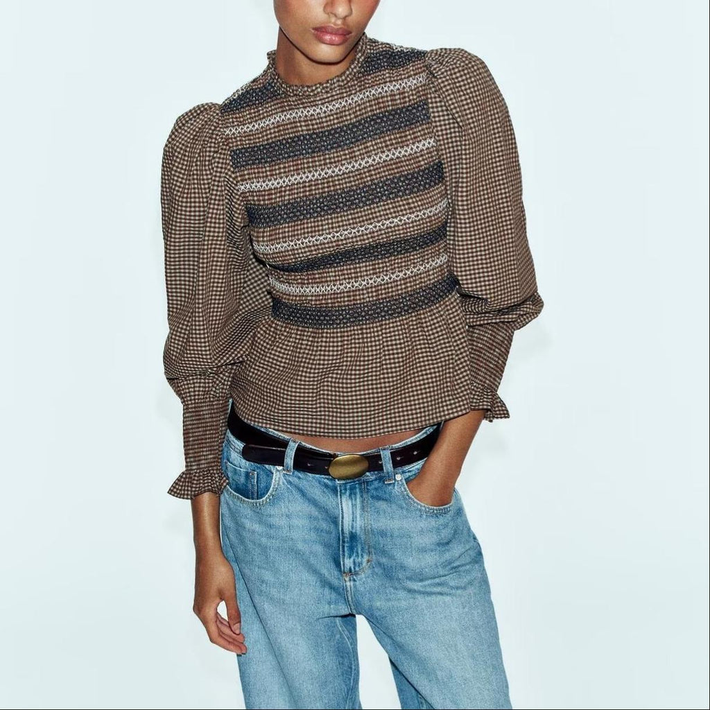 Women's Embroidered Pleated Long-Sleeve Top