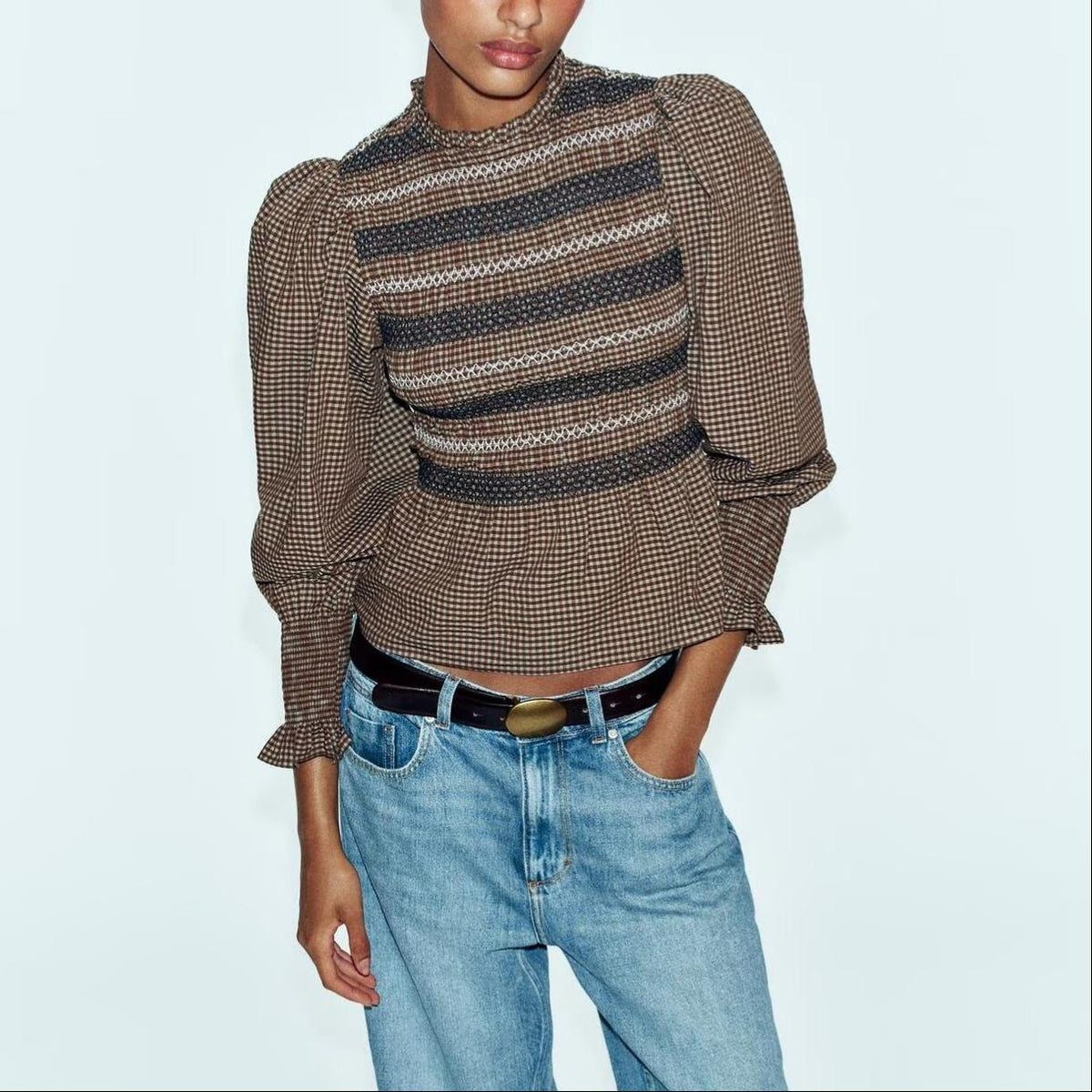 Women's Embroidered Pleated Long-Sleeve Top