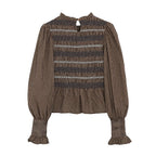 Women's Embroidered Pleated Long-Sleeve Top