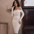 Off-Shoulder Lace Long-Sleeve Ruched Bodycon Midi Dress