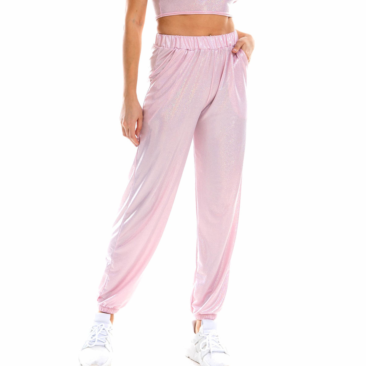 Women's Hip Hop Trousers Women Shiny Breathable Elastic Waist Casual Pants Women