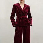 Women's Belt Velvet Embossed V Neck Work Pant Two-Piece Set