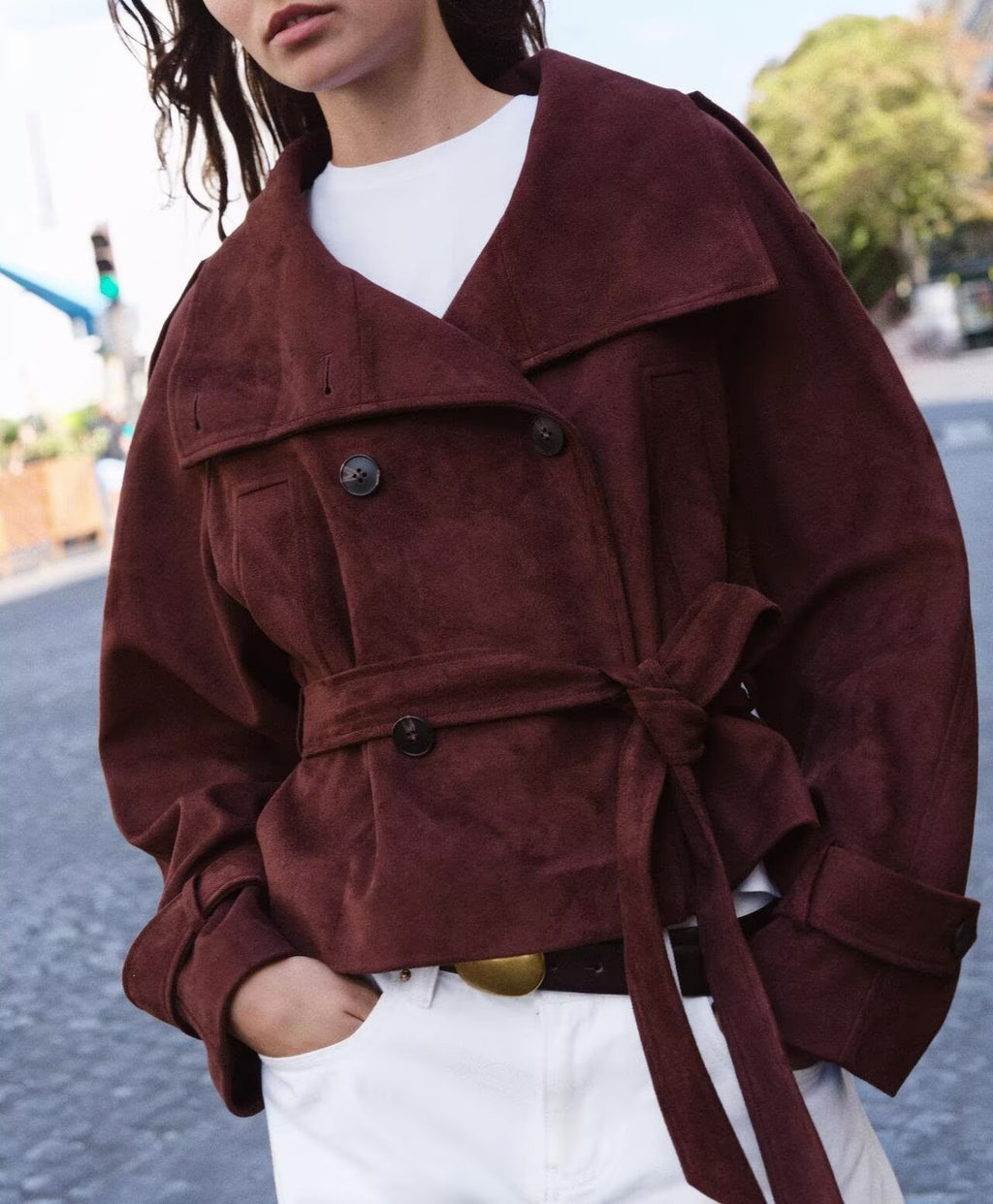Fall with Belt Suede Texture Effect Jacket